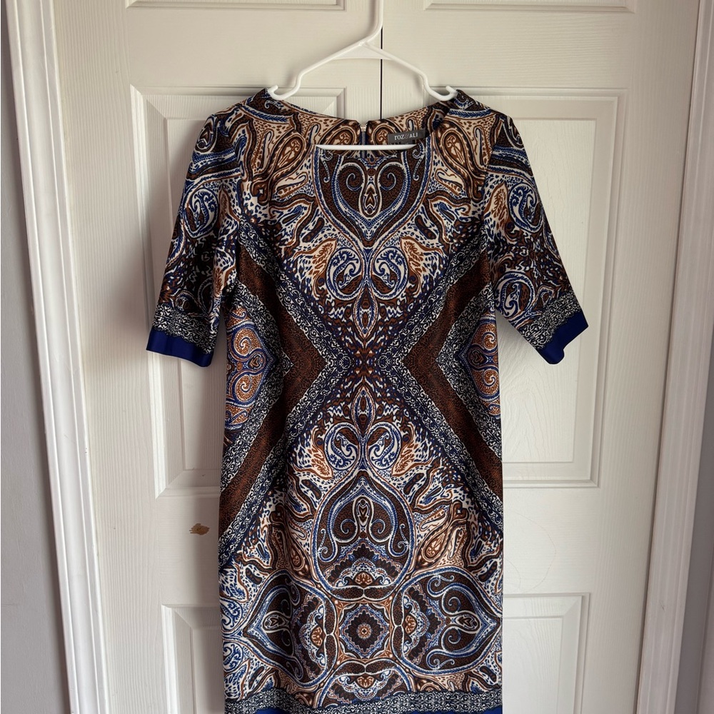 Roz & Ali Brown and Blue Sheath Dress with Cuffed 3/4 Sleeves